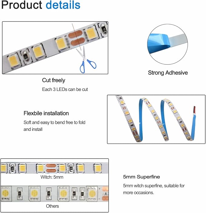 12V LED Strip Lights, 5mm Wide Ultra Narrow Natural White 4000K 16.4ft SMD 2835 IP20 120 LEDs/M, Total 600 LEDs Rope Light Strip for Bedroom, Kitchen, Advertising Decoration