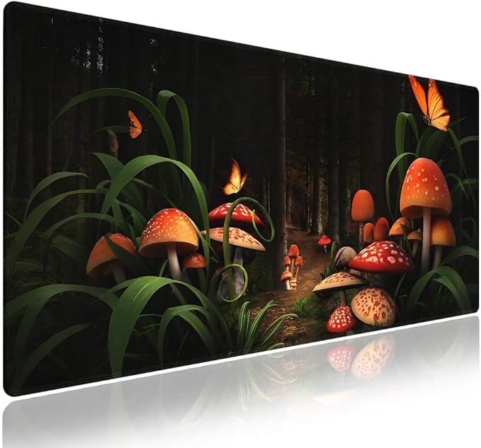 XXL Gaming Mouse Pad with Stitched Edges for PC Home & Office - Mushrooms in Deep Dark Forest Fantasy Nature Earth Path Mystical Design, Smooth Fabric Surface Anti-Slip Base Large Desk Mat