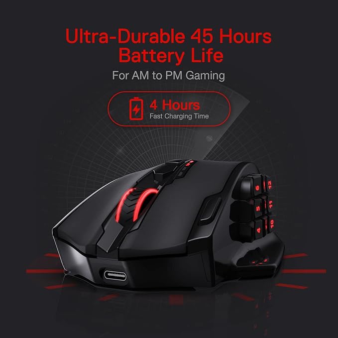 Redragon M913 Impact Elite Wireless Gaming Mouse, 16000 DPI Wired/Wireless RGB Mouse with 16 Programmable Buttons, 45 Hr Battery and Pro Optical Sensor, 12 Side Buttons MMO Mouse