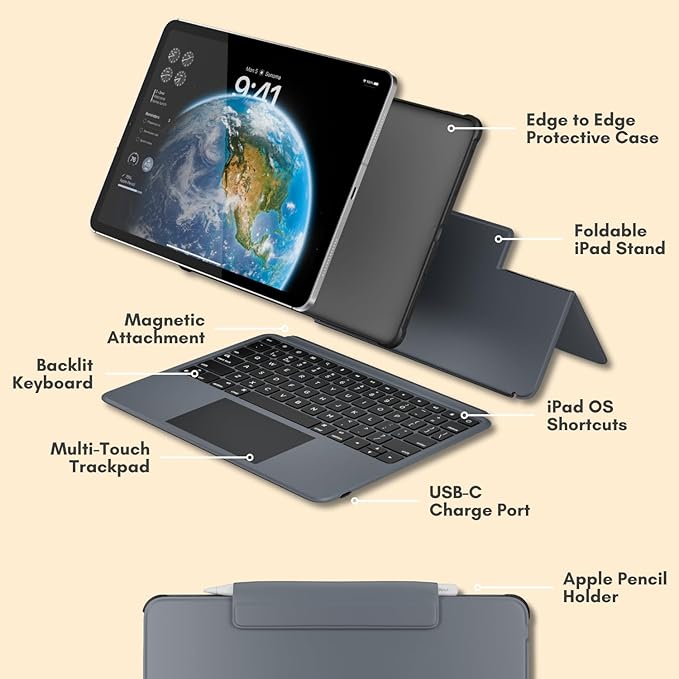 Macally iPad Air 13 Inch Case Keyboard (M3, 2025/M2, 2024) |iPad Pro 12.9 Keyboard Case (5/6th Gen) with Large Trackpad, Multi Angle View Stand Apple Pencil Holder, Backlit, Detachable