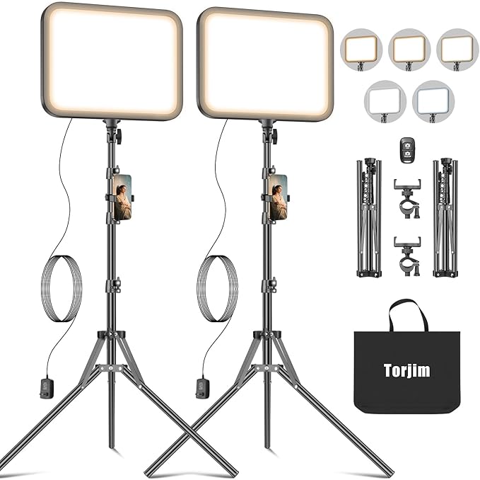 Torjim 12'' LED Video Light Kit | High Brightness | 5 Lighting Modes | 3000-6500K Studio Lights with Tripod Stand, Phone Holder &Wireless Remote | Professional Photography Lighting for Video Recording