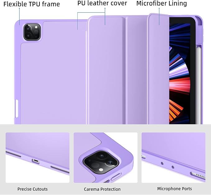 Wenlaty Case Compatible with iPad Pro 11 Inch 4th/3rd/2nd Generation with Pencil Holder, for iPad Pro Case 11 Inch 2022/2021/2020, Slim Protective Cover with Soft TPU Back, Auto Wake/Sleep, Lavender