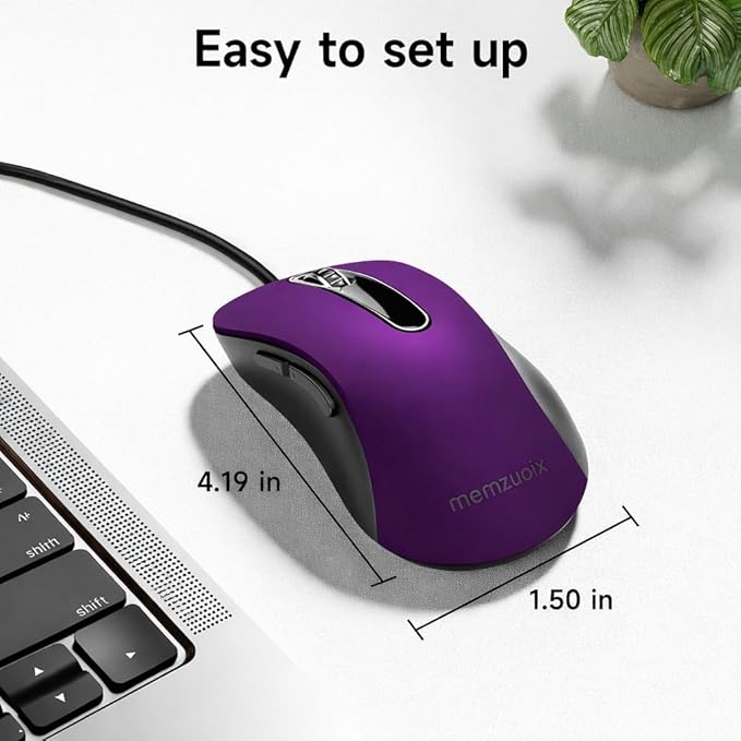 memzuoix Wired Mouse, USB Computer Mouse 1400 DPI Mobile Optical Mouse Ergonomic Design Computer Mice with 5FT Cord for Laptop, PC, Desktop, MacBook, 5 Buttons (Purple)