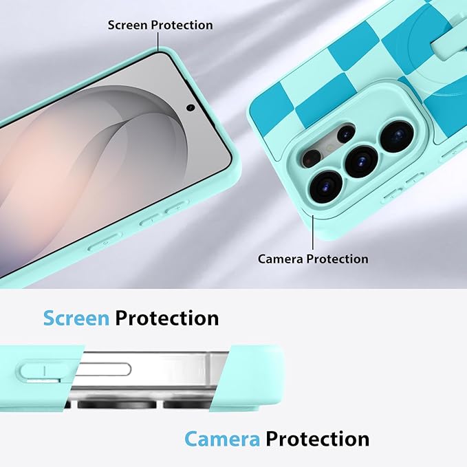 KANGHAR Compatible with Samsung Galaxy S26 Ultra Case, Support for MagSafe, Silicone Checkered Cute Pattern, Wristband Kickstand Camera Protection Soft Slim Cover for Girls Women -Blue