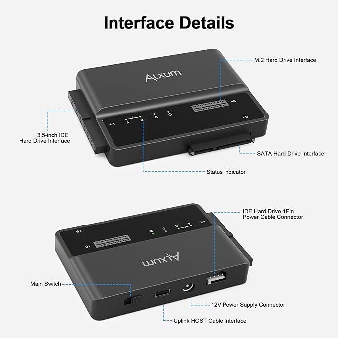 Alxum NVME M.2 SATA IDE SSD Enclosure External 3 in 1 Tool-Free PCIE-10Gbps USB 3.2 Type C Hard Drive Reader for 2230/2242/2260/2280,2.5" /3.5" SATA SSD and 3.5" IDE HDD