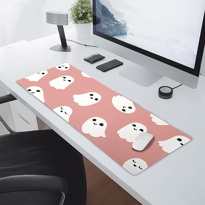 Halloween Cute Ghost Mouse Pad Kawaii Cartoon Spooky Funny Spirit Extended Desk Mat Non-Slip Rubber Base Stitched Edge Large XL Pink White Mousepad for Desk Gaming Laptop Desktop,31.5×11.8 Inch