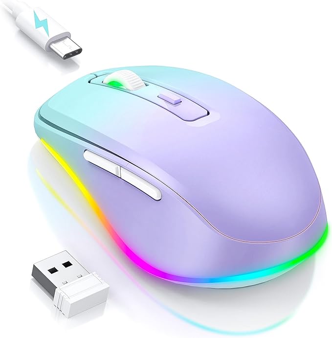 PEIOUS Wireless Mouse Jiggler - LED Wireless Mice with Build-in Mouse Mover, Rechargeable Moving Mouse for Laptop with Undetectable Random Movement Keeps Computers Awake - Purple to Green
