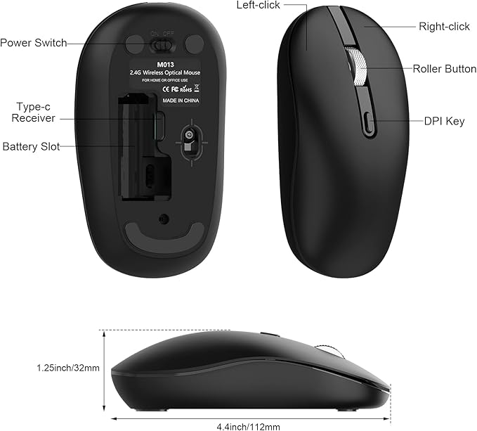 cimetech Type C Wireless Mouse, USB C Mouse 2.4G Silent Cordless Portable Computer Mice for Laptop, Notebook, MacBook Pro Air, Windows, Linux - Ambidextrous Black