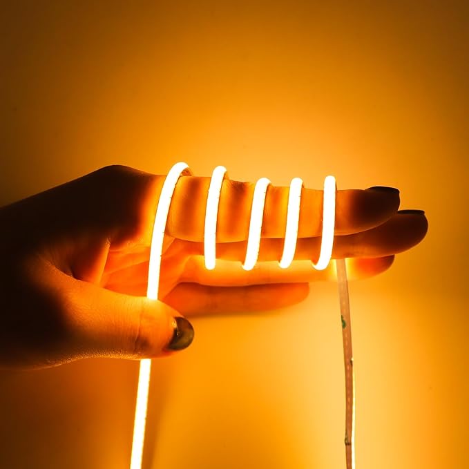 COB LED Strip Light, 24V 3mm 16.4ft Flexible Cuttable Super Slim LED Tape CRI>90 Uniform Dotless 384LEDs/M LED Light for Bedroom Home Kitchen Cabinet Decor-Golden Yellow