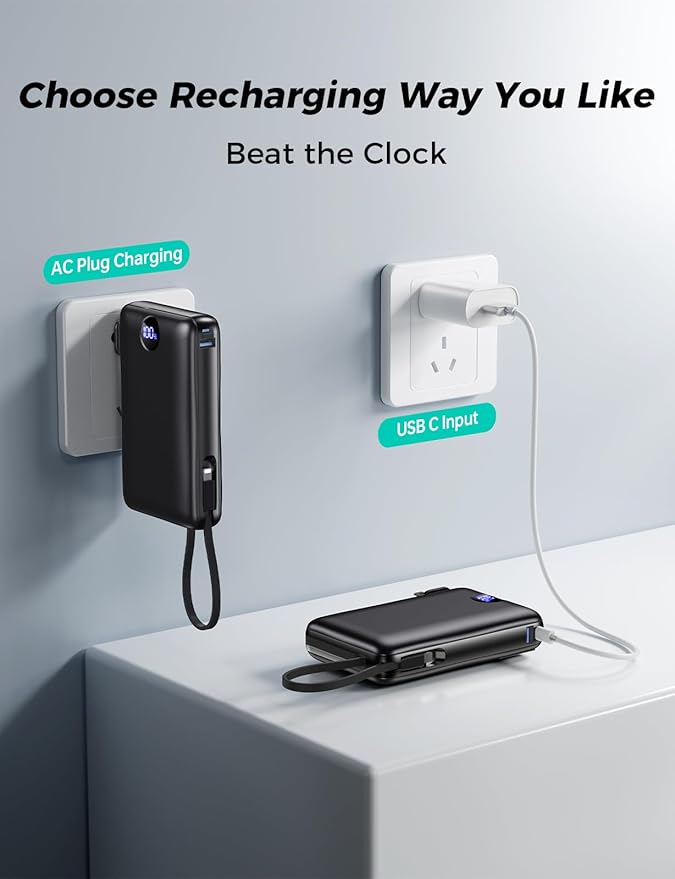 Power Bank, 50000 mAh Portable Charger with Built in Cable & Wall Plug, 22.5W Fast Charging, Travel Essential Battery Pack with LED Display for iPhone 17/16/15/14 Series, Galaxy, iPad Dark
