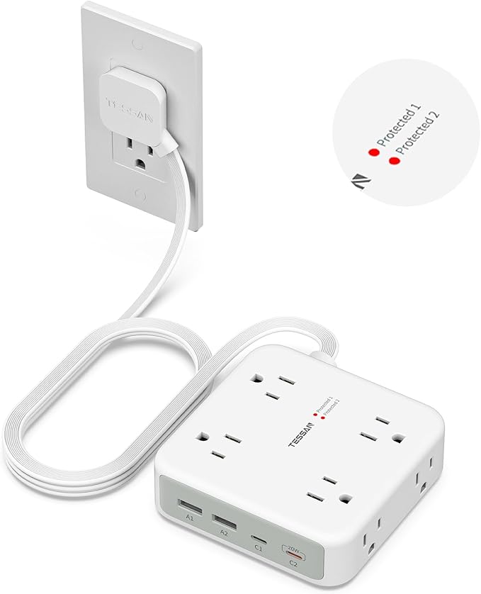 TESSAN Dual Surge Protector Power Strip, 5 Ft Extension Cord Flat Wall Plug with 4 USB (2 USB C) 8 Outlets, 2100J Surge Protection, 20W Multiple Charging Station for Home, Office, College, Dorm, Grey