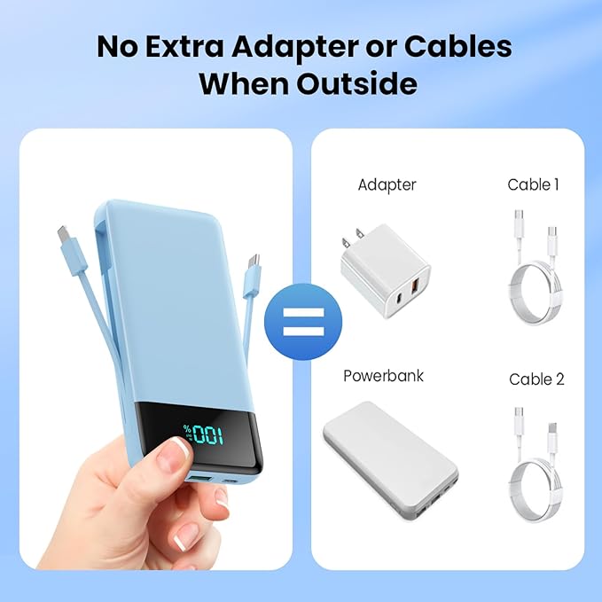 Portable Charger for iPhone,13800mAh Slim Power Bank with Built-in Cables & AC Wall Plug,All in One 4 Outputs USB C Fast Charging Battery Pack Travel Essential for iPhone 17/16/15/14,Android(Sky Blue)