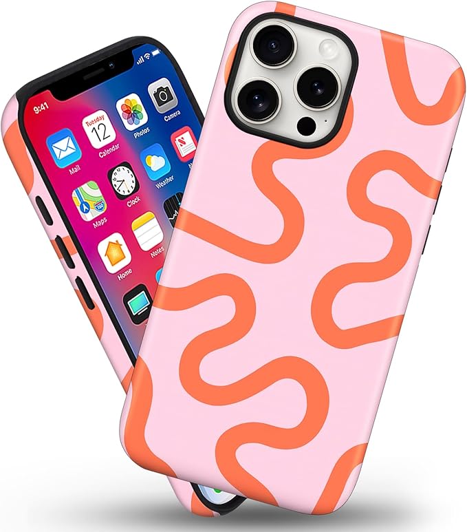 Magnetic for iPhone 13/14 Case Cute Curved Stripes Phone Case, Shockproof Slim TPU and Hard PC Protective Phone Cover Compatible with MagSafe Designed for Women Girls,Pink