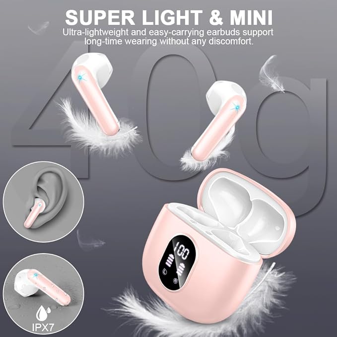 Wireless Earbuds, Bluetooth 5.4 Headphones 50H Playback Bass Stereo Ear Buds with 4 ENC Cancelling Mics, Bluetooth Earbuds Dual LED Display IP7 Waterproof in-Ear Earphones USB-C for Android iOS Pink
