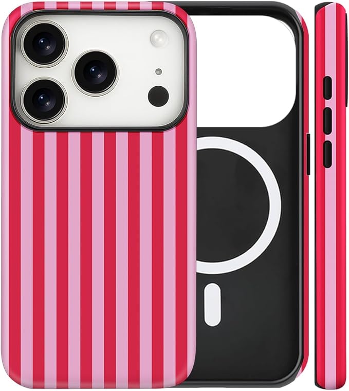 Magnetic for iPhone 17 Pro Case Cute Stripes Phone Case, Shockproof Slim TPU and Hard PC Protective Phone Cover Compatible with MagSafe Designed for Women Girls, Pink and White