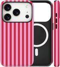 Magnetic for iPhone 17 Pro Max Case Cute Stripes Phone Case, Shockproof Slim TPU and Hard PC Protective Phone Cover Compatible with MagSafe Designed for Women Girls, Pink and White