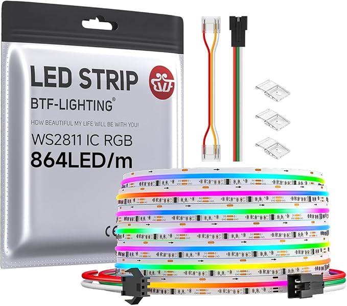 BTF-LIGHTING FCOB WS2811 IC RGB COB LED Strip 864LED/m Flexible High Density Color Chasing Uniform Light DC24V 24FT 24IC/m 12mm Width for DIY Lighting Projects(No Adapter or Controller)