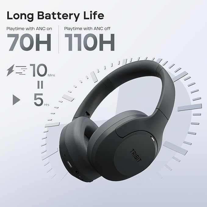 Tribit Wireless Over-Ear Headphones QuietPlus 81, Hybrid Active Noise Cancelling, Bluetooth 6.0 Headset, 110H Playtime, 6 Custom EQ via App, Deep Bass, Foldable, Comfortable, Lightweight for Travel