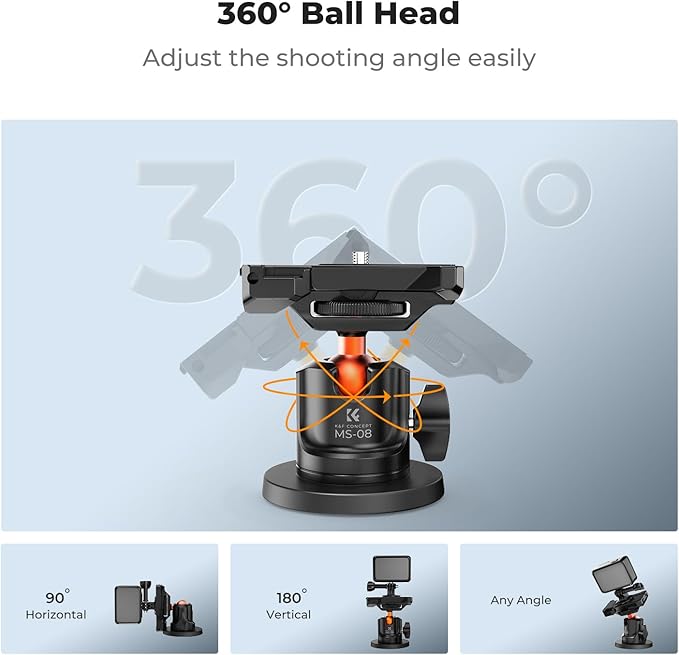 K&F CONCEPT Magnetic Camera Mount for GoPro Hero 13/12/11/10/9 Black, DJI Osmo Action 5 Pro/4/3/2/6, Insta360 X5/X4, 360° Ball Head Mount for Car, Steel, Magnetic Surface Attaching, Phone Mount Holder