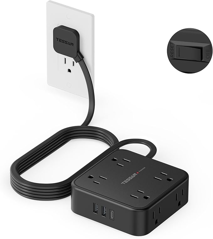 TESSAN Surge Protector Power Strip, 10 Ft Flat Plug Extension Cord with 3 USB (1 USB C) 8 Outlets, 1250W, 900J Protection, 3 Sided Outlet Extender with Power Switch for Office, Dorm Room, Black