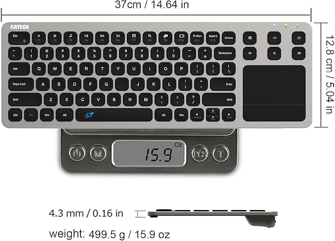 Arteck 2.4G Wireless Touch TV Keyboard with Easy Media Control and Built-in Touchpad Mouse Solid Stainless Ultra Compact Full Size Keyboard -Connected Computer, Smart TV, HTPC