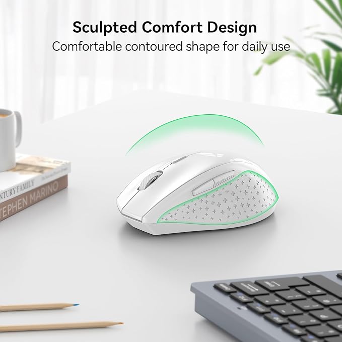 TECKNET Wireless Mouse, 2.4G Computer Mouse with 6-Level Adjustable 4800 DPI, 30 Months Battery, Ergonomic Grips, 6 Buttons Portable for PC, Chromebook, Mac - White
