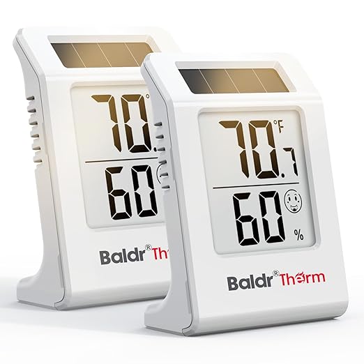 2.2'' Digital Thermometer and Hygrometer Meter, Solar-Powered Indoor Temperature Sensor Humidity Monitor, Humidity Gauge for Baby Rooms, Bedrooms, Home, Office, and Wine Cellars, White, 2Pack