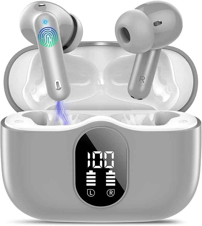 Btootos Wireless Earbuds, Bluetooth 5.4 Headphones Bass Stereo, Ear Buds with Noise Cancelling Mic, IP7 Waterproof in Ear Earphones, 36H LED Display Bluetooth Earbuds for Laptop Pad Phones, Fog Gray