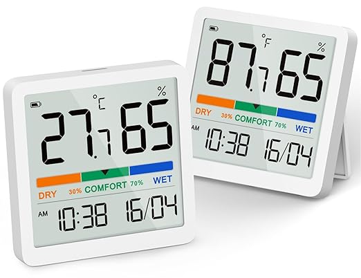 NOKLEAD Indoor Hygrometer Thermometer - Digital Temperature & Humidity Monitor with Calibration, Clear LCD Display & Clock, Accurate Room Gauge for Home, Baby Room, Office (2-Pack)