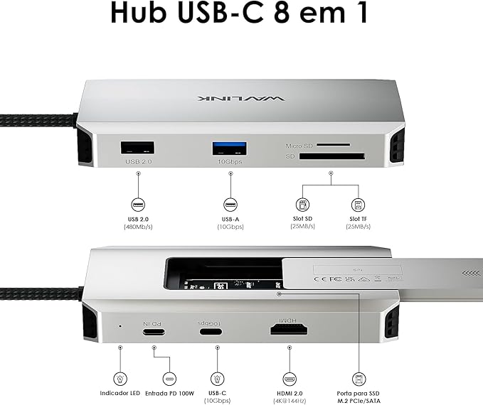 WAVLINK 8 in 1 USB C Hub with M.2 NVMe/SATA SSD Enclosure 10Gbps, 4K@144Hz HDMI, USB-C/A 10Gb, 100W PD, Aluminum Alloy USB C Enclosure for M.2 NVMe SATA SSD for M1/M2/M3/M4 MacOS Systems