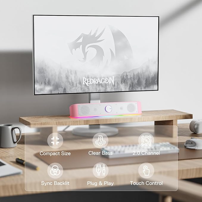 Redragon GS560 RGB Desktop Soundbar, 2.0 Channel Computer Speaker with Dynamic Lighting Bar Audio-Light Sync/Display, Touch-Control Backlit with Volume Knob, USB Powered w/ 3.5mm Cable, Pink