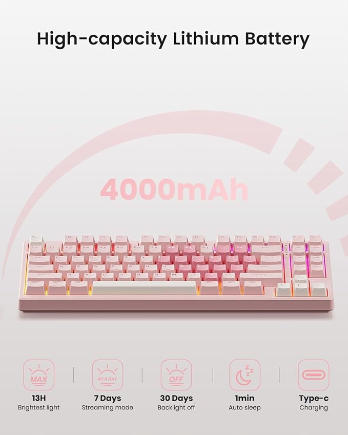 Kisnt KN85 Wireless Mechanical Gaming Keyboard, 75% Layout with RGB Backlit, Custom Hot Swappable, Creamy Sound, Bluetooth/2.4GHz/USB-C Compatible with Windows/Mac/PC (Rose Pink, Linear Switch)