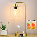 Gold Industrial Table Lamp with USB A+C Ports & Outlet, Fully Stepless Dimmable Modern Nightstand Lamp, Glass Shade Bedside Desk Lamp for Bedroom Living Room Office, 8W 2700K LED Edison Bulb Included