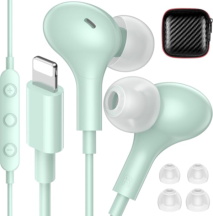iMangoo for Apple MFi-Certified Headphones for Lightning Wired Earbuds Magnetic Ear Buds with HiFi Bass,3 Ear Tips Mic Corded Earphones for Gym, Commuting for iPhone 14 Plus 13 12 11 Pro Max Mint