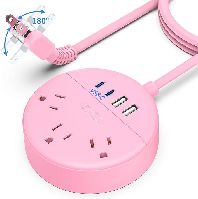 Pink 2 Prong Power Strip with USB-C, NTONPOWER 1875W/15A 2 Prong to 3 Prong Outlet Adapter, Rotating Plug,Pink Extension Cord 5 FT,3 Outlets 4 USB Port, Ideal for Old House, Vanity Desk, Office,Travel
