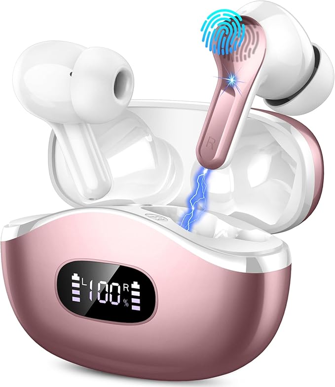 Wireless Earbuds, Bluetooth Headphones 5.4 HiFi Stereo, Ear Buds with 4 ENC Noise Cancelling Mics, 48H Bluetooth Earbuds with Dual LED Display, IP7 Waterproof Earphones for Android iOS, Pink Gold