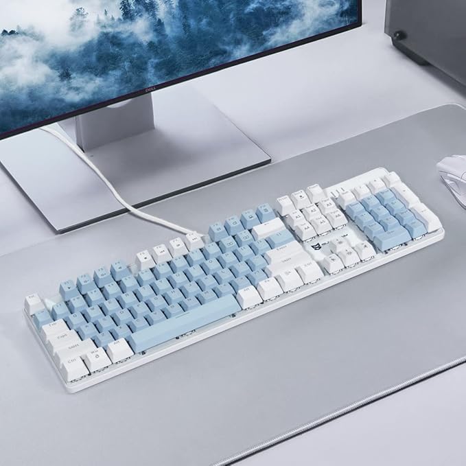 Qisan 104 Mechanical Keyboard for Gaming | Large Size USB White Backlit Gaming Keyboard Wired | US Layout Blue Switches Hot Swappable Mechanical Clicky Keyboards Compatible with PC & Laptop