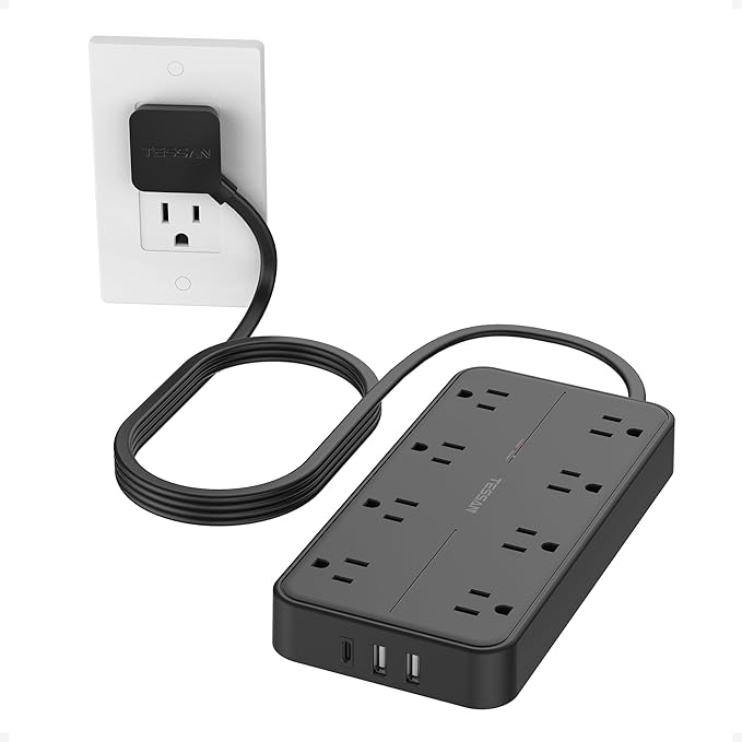TESSAN Power Strip Surge Protector, 5FT Flat Plug Extension Cord with 8 Outlets 3 USB Charger(1 USB C), 2000 Joules Protection, Wall Mountable Charging Station for Home Office Dorm, Black
