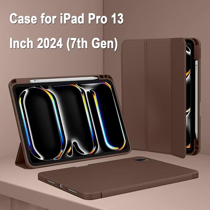 ZryXal New iPad Pro 13 Inch Case (M5) 2025 / (M4) 2024 with Pencil Holder, Smart iPad Case [Support Pencil Pro and Pencil (USB-C)], Support Touch ID and Auto Wake/Sleep (New Chocolate)
