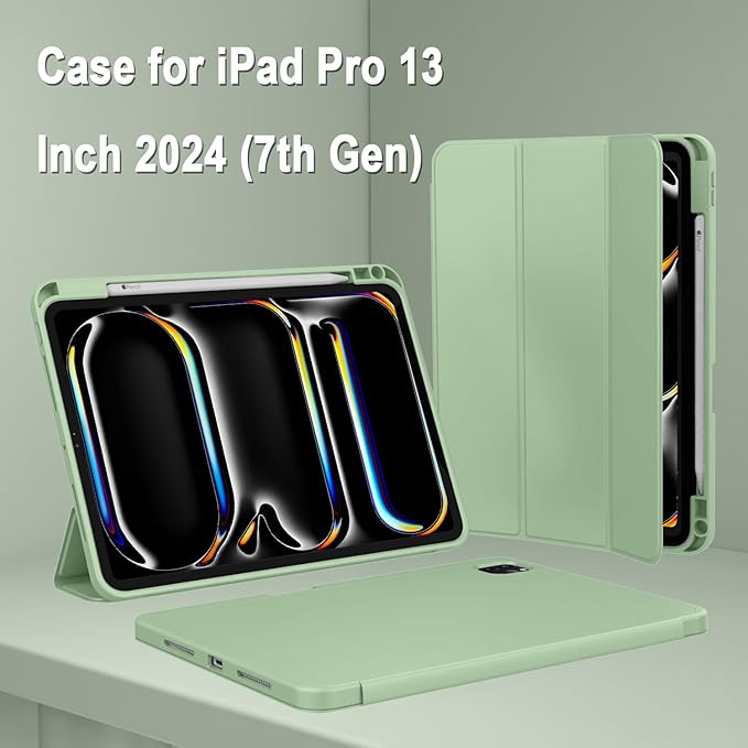ZryXal New iPad Pro 13 Inch Case (M5) 2025 / (M4) 2024 with Pencil Holder, Smart iPad Case [Support Pencil Pro and Pencil (USB-C)], Support Touch ID and Auto Wake/Sleep (Matcha Green)