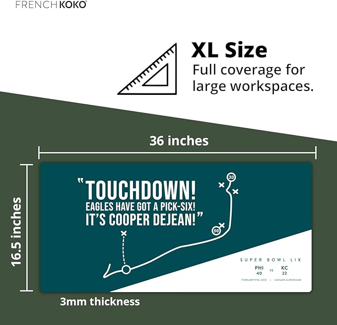French KOKO Large Philadelphia Desk Mat for Desktop – XL Desk Pad Mat with Smooth Surface, Green Football Theme Office Decor, Man Cave Accessory, Men Gifts & Game Day Gift