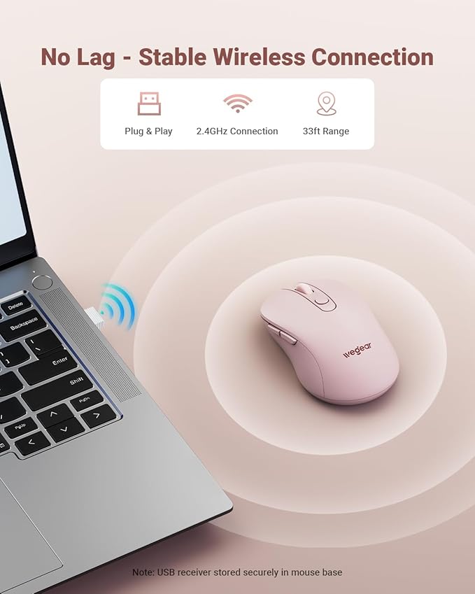 wegear USB Wireless Mouse for Laptop PC Mac, 2.4GHz Cordless Mouse with 6 Buttons, 5-Level Adjustable 4000 DPI, Ergonomic Portable Optical Computer Mice, 24-Month Battery Life-Pink