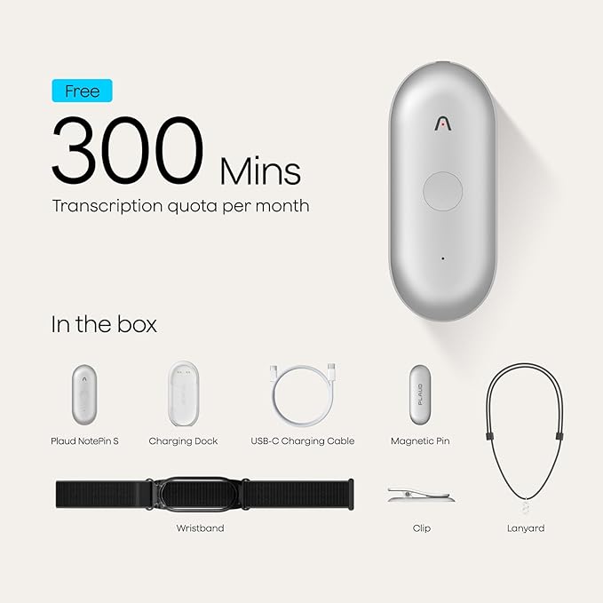 Plaud NotePin S AI Voice Recorder, Wearable AI Notetaker, AI Transcribe & Summarize, Support 112 Languages, 64GB Audio Recorder for Meetings Interviews, Professionals, Teams, with 4 Accessories