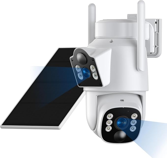 Solar Security Cameras Wireless Outdoor, Dual-Lens Security Camera System, Multi-Angle Monitoring, 360°PTZ, 2K Color Night Vision,2-Way Audio, 0 Monthly Fee, 2.4 & 5GHz WiFi