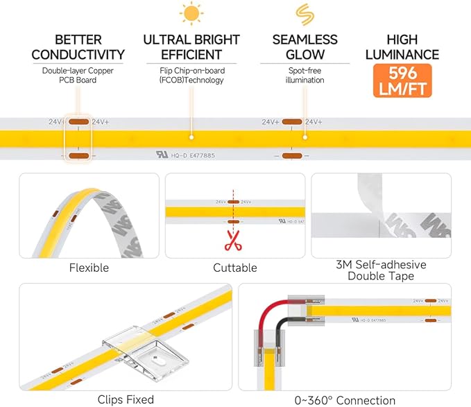 BTF-LIGHTING FCOB COB LED Strip 3000K 596+LM/FT Super Bright UL Listed DC24V 16.4FT 480LED/m 10mm Width Flexible High Density CRI 90+ Dimmable LED Light for Home Indoor Decor(No Controller or Adapter)