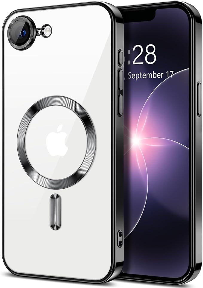 Hython Magnetic Clear for iPhone 17e Case with Camera Lens Protector [Compatible with MagSafe] Luxury Plating Edge Slim Soft TPU Cover Protective Phone Case for iPhone 17e 6.1", Black