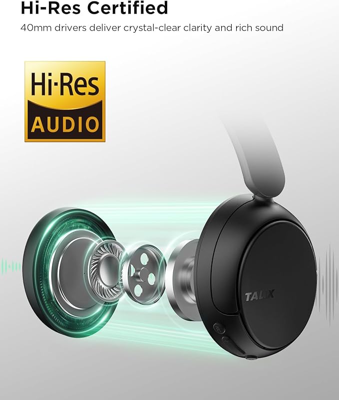TALIX H30 Hybrid Active Noise Cancelling Headphones, 110H Playtime Hi-Res Audio Bluetooth 6.0 Wireless Over Ear ANC Headphones for Commute/Workout/Gym (Black)
