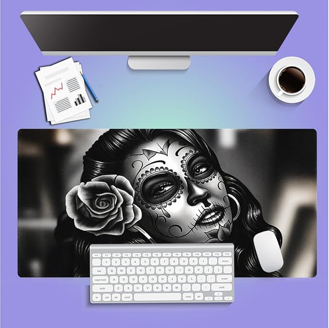 Large Gaming Mouse Pad (31.5" x 15.8") - Monochrome Sugar Skull Portrait with Rose Black Gray Day of The Dead Gift, Extra XXL Extended Office Accessories, Premium Stitched Anti-Slip Desk Mat