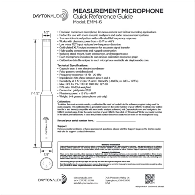 Dayton Audio EMM-6 Precision Omnidirectional Electret Condenser Microphone for Room Acoustic Analyzers and Audio Measurement Systems, Calibration Data File with Response Graph Included