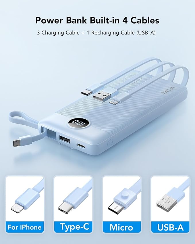 VRURC Portable Charger for iPhone, Built in Cables & Lanyard Power Bank 10000mAh, Compact USB C Charging Bank 5 Outputs for Multi Devices,Travel Essential for Hiking Camping Business Cruise Ship-Blue